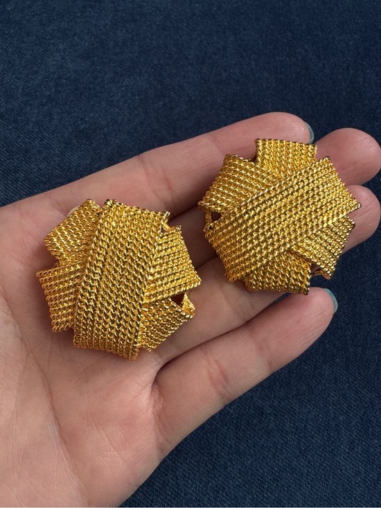 Vintage Jewelry - Vintage Gold tone Domed Textured Woven Clip Earrings.